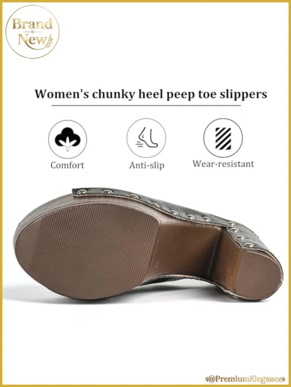 Women's Leather Platform Stacked Heel Sandals Peep-Toe Rivet Slip On Chunky
